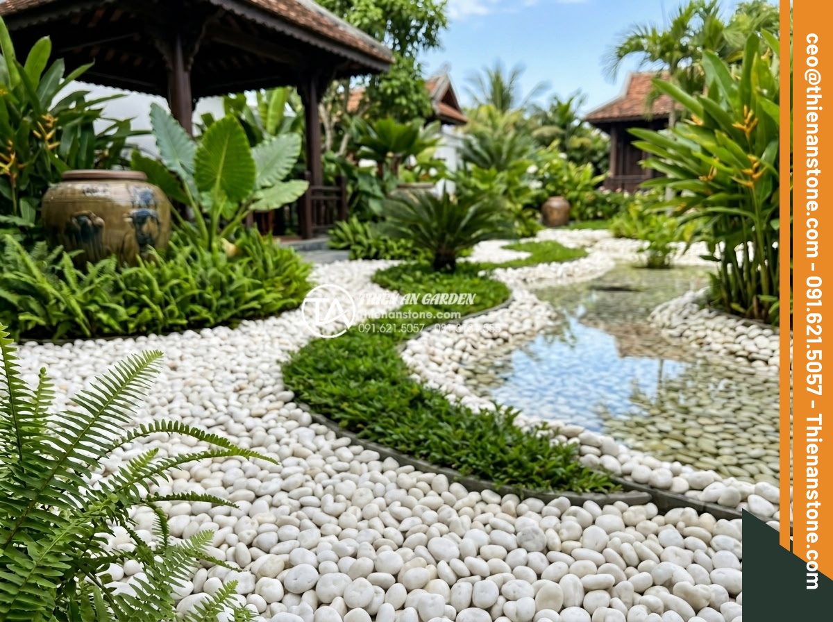 Cách Xử Lý Khi Sỏi Sân Vườn Bị Rêu Mốc Vào Mùa Mưa - Hình 20 Cách Xử Lý Khi Sỏi Sân Vườn Bị Rêu Mốc Vào Mùa Mưa - Innovative landscape design featuring strategically placed sỏi sân vườn with no