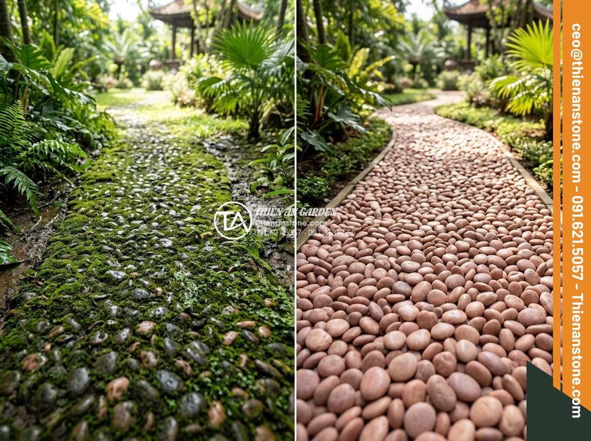 Cách Xử Lý Khi Sỏi Sân Vườn Bị Rêu Mốc Vào Mùa Mưa - Hình 4 Cách Xử Lý Khi Sỏi Sân Vườn Bị Rêu Mốc Vào Mùa Mưa - Before and after comparison style image of garden gravel path: left side heavily