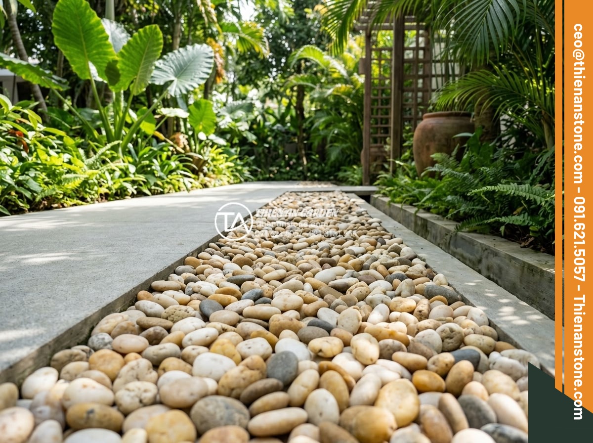 Cách Xử Lý Khi Sỏi Sân Vườn Bị Rêu Mốc Vào Mùa Mưa - Hình 7 Cách Xử Lý Khi Sỏi Sân Vườn Bị Rêu Mốc Vào Mùa Mưa - Preventive maintenance scene of clean dry garden pebbles arranged perfectly in a