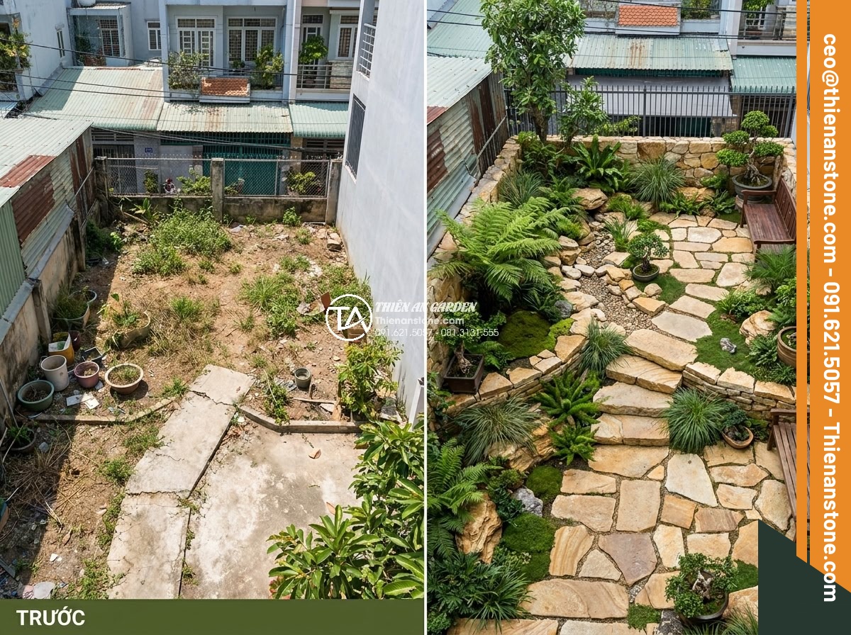 Case Study: Biến khoảng sân 20m2 thành tuyệt tác với đá cổ thạch vàng - Hình 1 Case Study: Biến khoảng sân 20m2 thành tuyệt tác với đá cổ thạch vàng - Aerial view of a small 20 square meter backyard garden before and after transfor