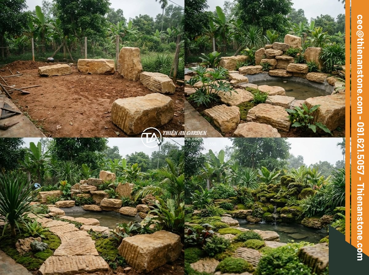 Case Study: Biến khoảng sân 20m2 thành tuyệt tác với đá cổ thạch vàng - Hình 10 Case Study: Biến khoảng sân 20m2 thành tuyệt tác với đá cổ thạch vàng - Time-lapse style sequence images capturing the full construction progress of the