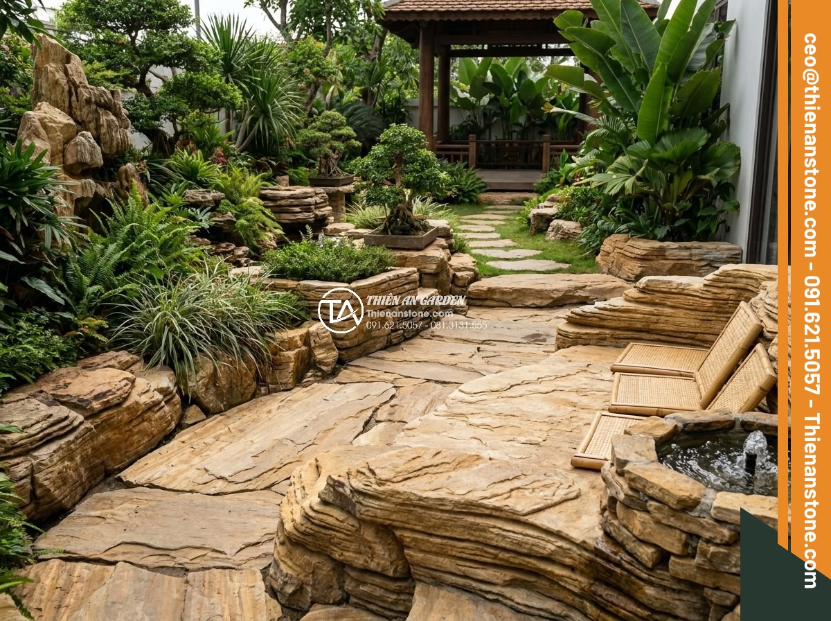 Case Study: Biến khoảng sân 20m2 thành tuyệt tác với đá cổ thạch vàng - Hình 12 Case Study: Biến khoảng sân 20m2 thành tuyệt tác với đá cổ thạch vàng - Panoramic view of completed zoned garden space with yellow fossil stones dividin