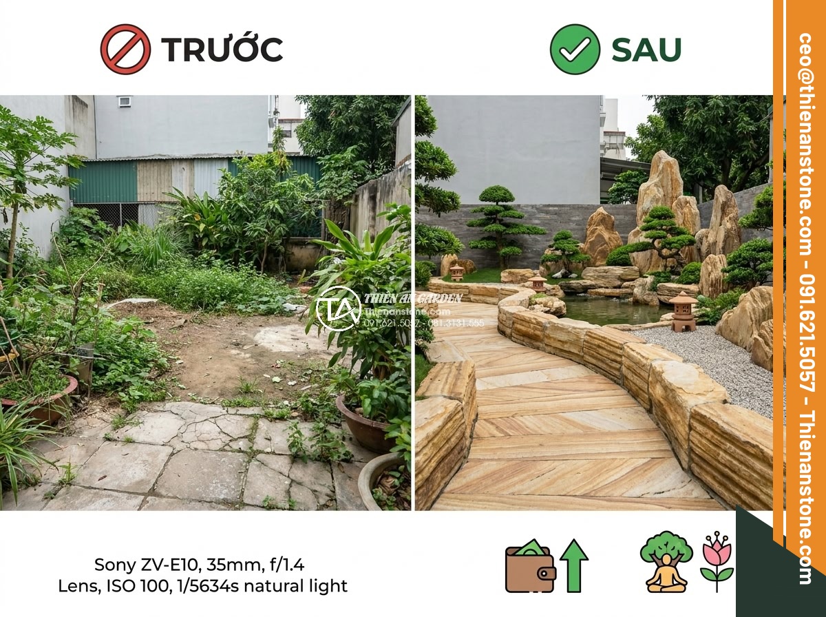 Case Study: Biến khoảng sân 20m2 thành tuyệt tác với đá cổ thạch vàng - Hình 18 Case Study: Biến khoảng sân 20m2 thành tuyệt tác với đá cổ thạch vàng - Economic and lifestyle benefit infographic style visual with before-after compar