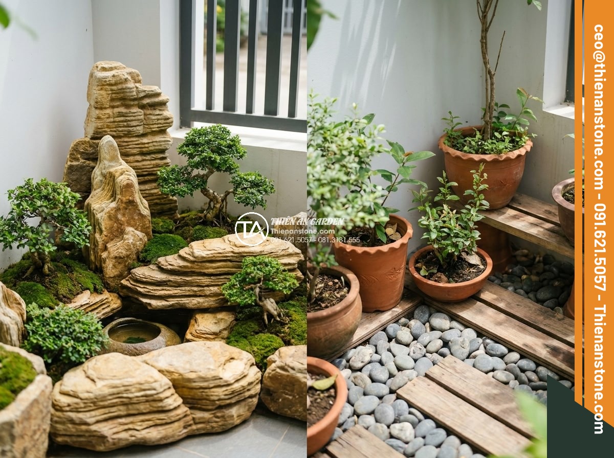 Case Study: Biến khoảng sân 20m2 thành tuyệt tác với đá cổ thạch vàng - Hình 5 Case Study: Biến khoảng sân 20m2 thành tuyệt tác với đá cổ thạch vàng - Comparison photo showing small garden space utilization with golden fossil stone