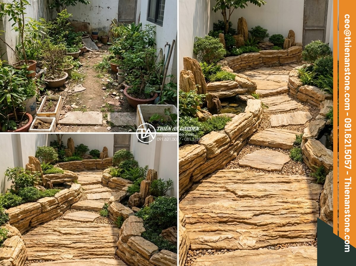 Case Study: Biến khoảng sân 20m2 thành tuyệt tác với đá cổ thạch vàng - Hình 6 Case Study: Biến khoảng sân 20m2 thành tuyệt tác với đá cổ thạch vàng - Before and after images of compact 20m2 garden highlighting the visual expansion