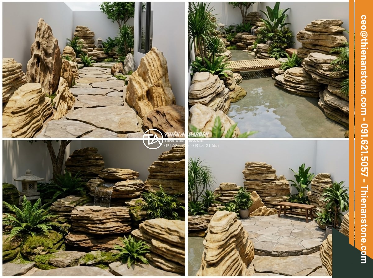 Case Study: Biến khoảng sân 20m2 thành tuyệt tác với đá cổ thạch vàng - Hình 7 Case Study: Biến khoảng sân 20m2 thành tuyệt tác với đá cổ thạch vàng - 3D architectural rendering of a 20m2 garden design plan featuring golden ancient