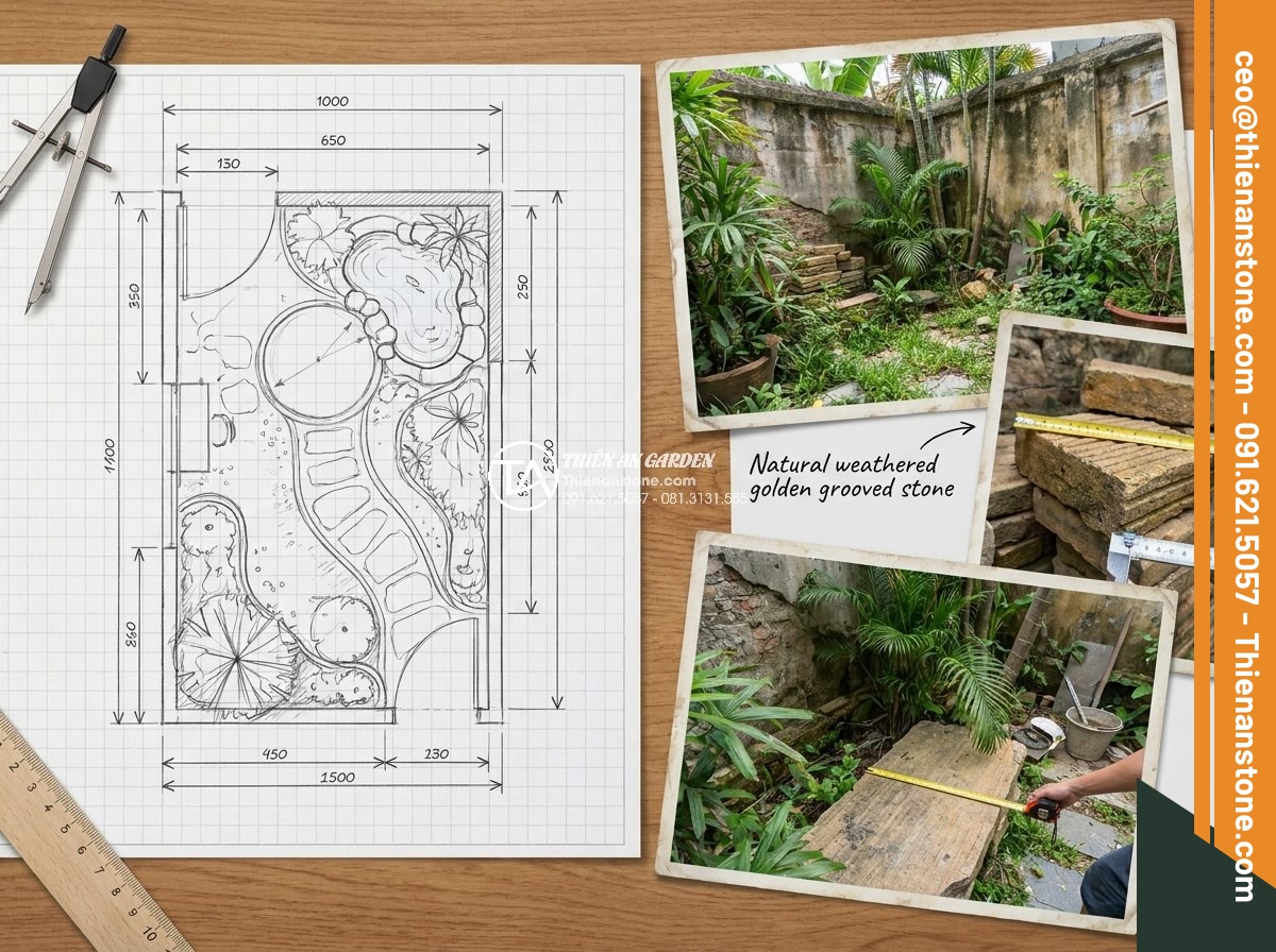 Case Study: Biến khoảng sân 20m2 thành tuyệt tác với đá cổ thạch vàng - Hình 8 Case Study: Biến khoảng sân 20m2 thành tuyệt tác với đá cổ thạch vàng - Technical blueprint and on-site survey photos showing measurement process for sm