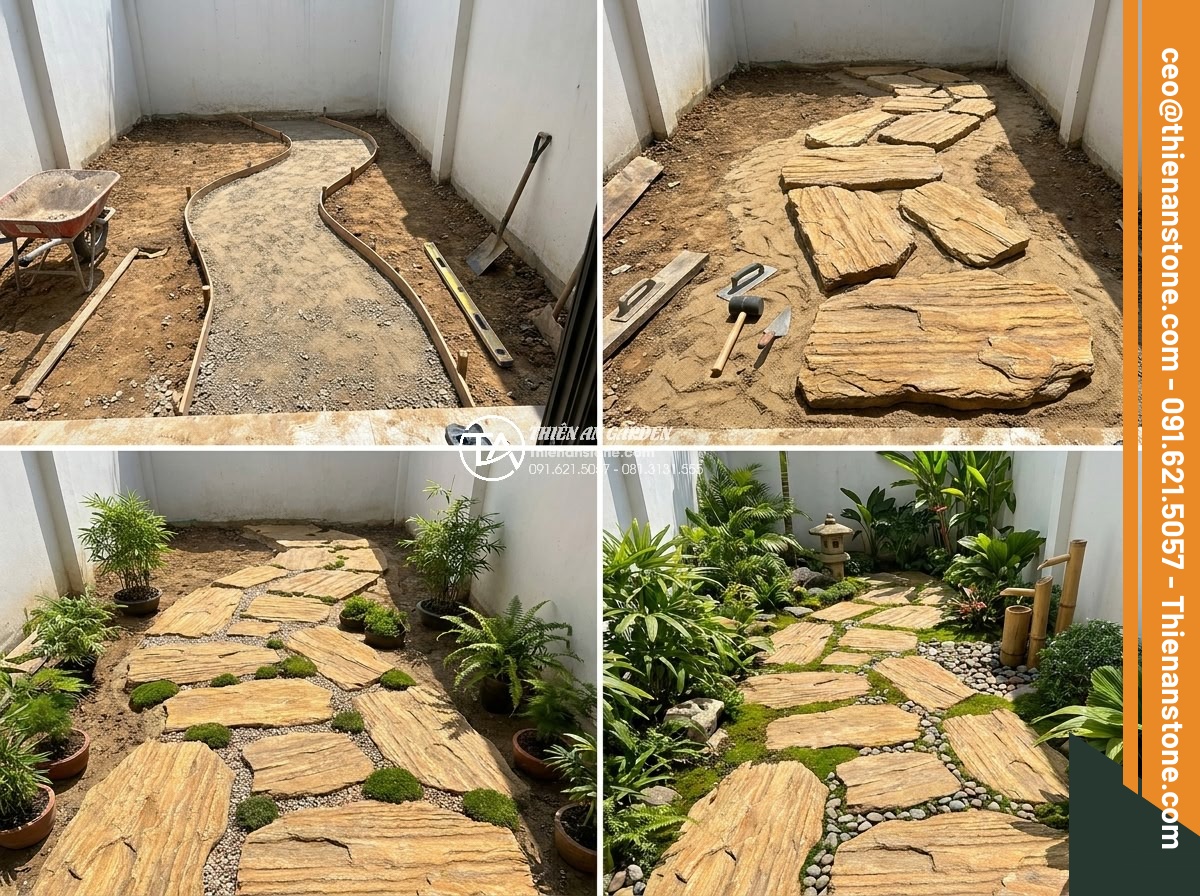Case Study: Biến khoảng sân 20m2 thành tuyệt tác với đá cổ thạch vàng - Hình 9 Case Study: Biến khoảng sân 20m2 thành tuyệt tác với đá cổ thạch vàng - Step-by-step construction photos of installing golden fossil stones in a small 2