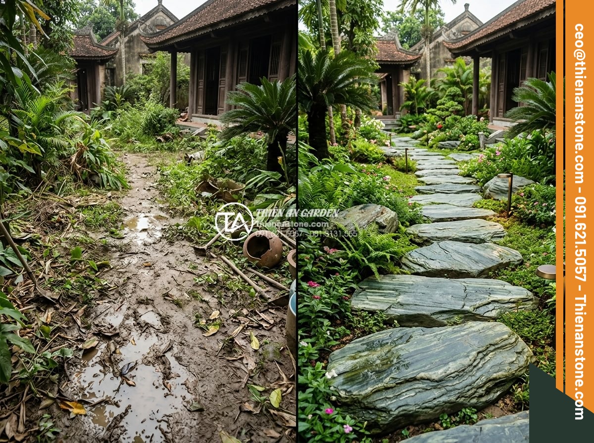 Case study: Cải tạo lối đi bùn đất thành đường đá bước dạo sang trọng - Before and after comparison of a muddy garden path transformed into an elegant n