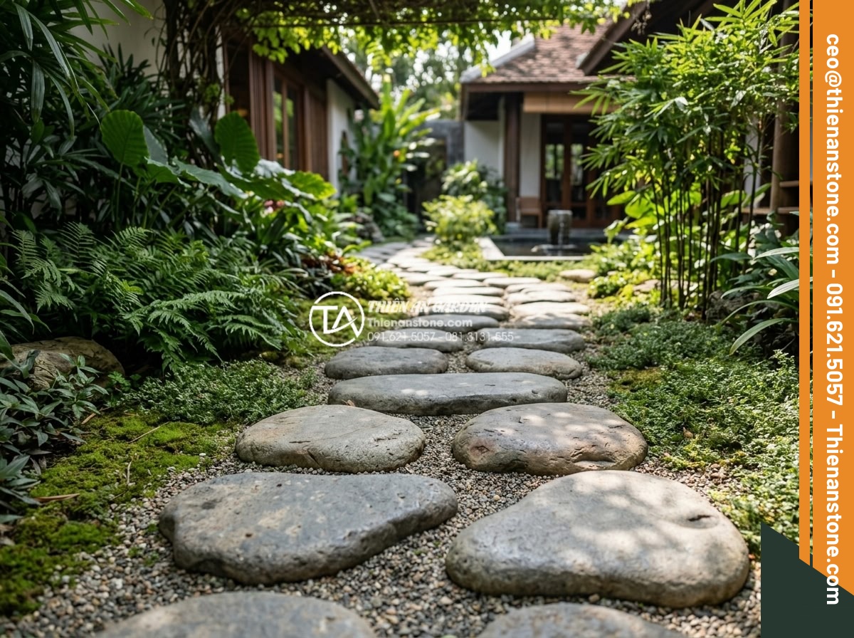 Case study: Cải tạo lối đi bùn đất thành đường đá bước dạo sang trọng - High-quality natural granite and basalt stepping stones arranged in an elegant c