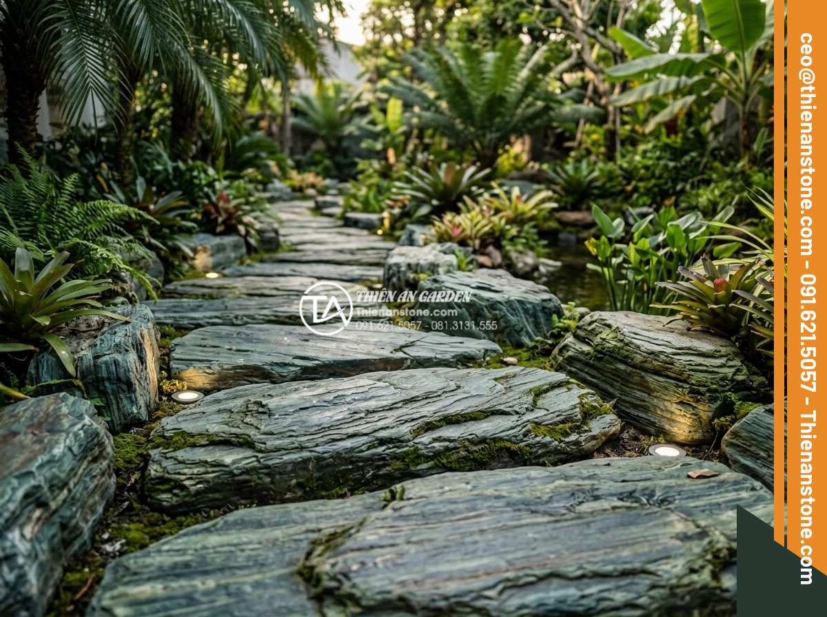 Case study: Cải tạo lối đi bùn đất thành đường đá bước dạo sang trọng - 3D architectural rendering and real photo of designed stone stepping path in gar
