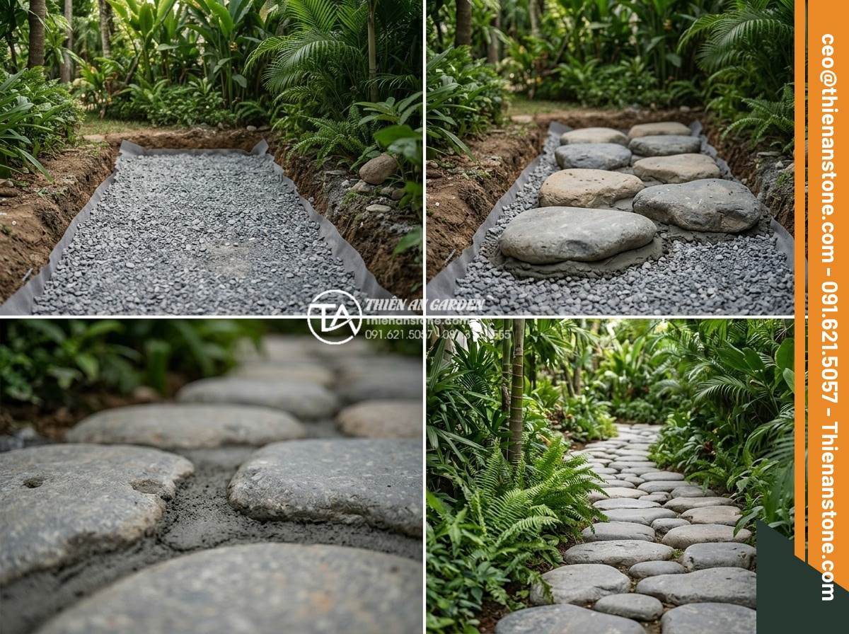 Case study: Cải tạo lối đi bùn đất thành đường đá bước dạo sang trọng - Step-by-step construction process photos showing foundation preparation, stone l