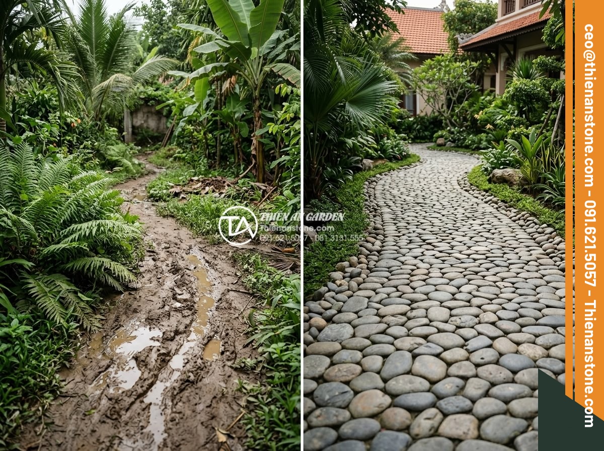 Case study: Cải tạo lối đi bùn đất thành đường đá bước dạo sang trọng - Detailed before and after photos of the entire case study project showing muddy 