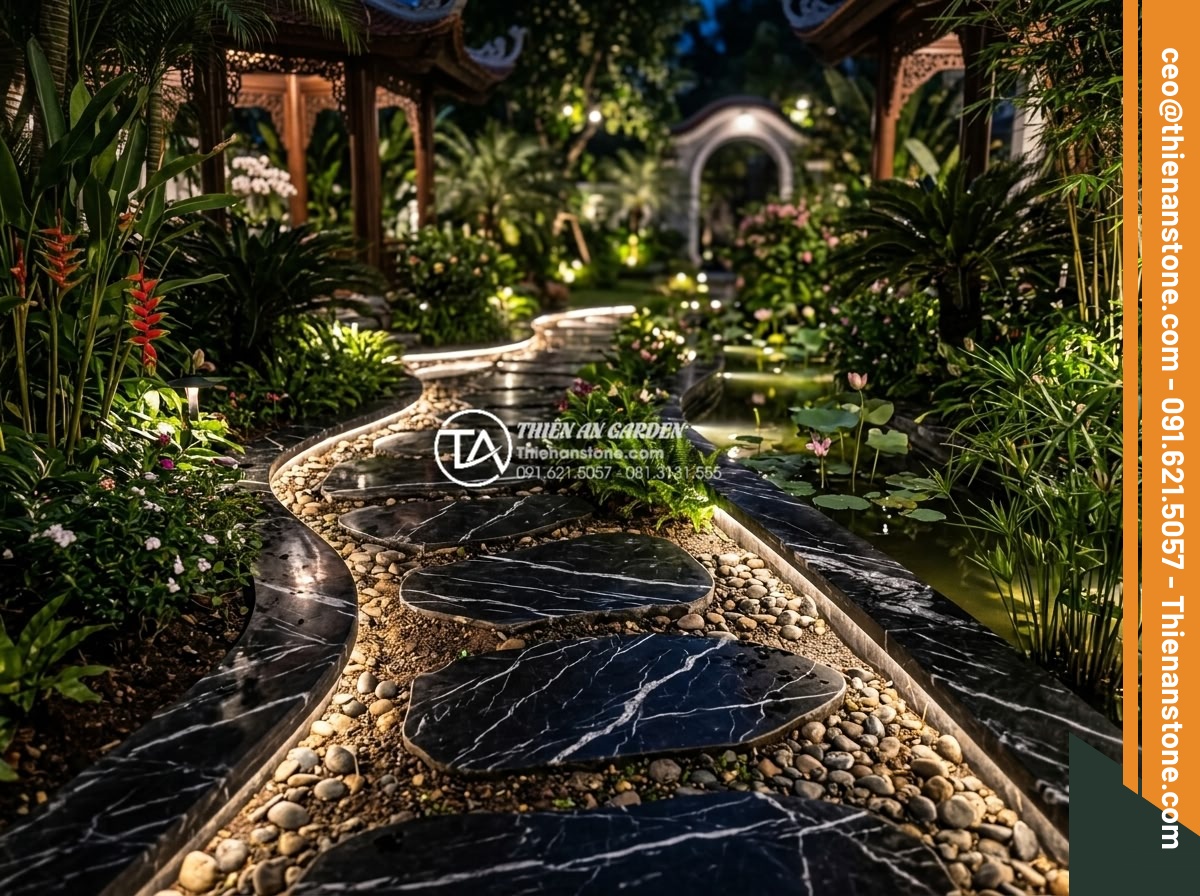 Case study: Cải tạo lối đi bùn đất thành đường đá bước dạo sang trọng - Luxurious finished stone stepping path in garden at night with lighting effects,