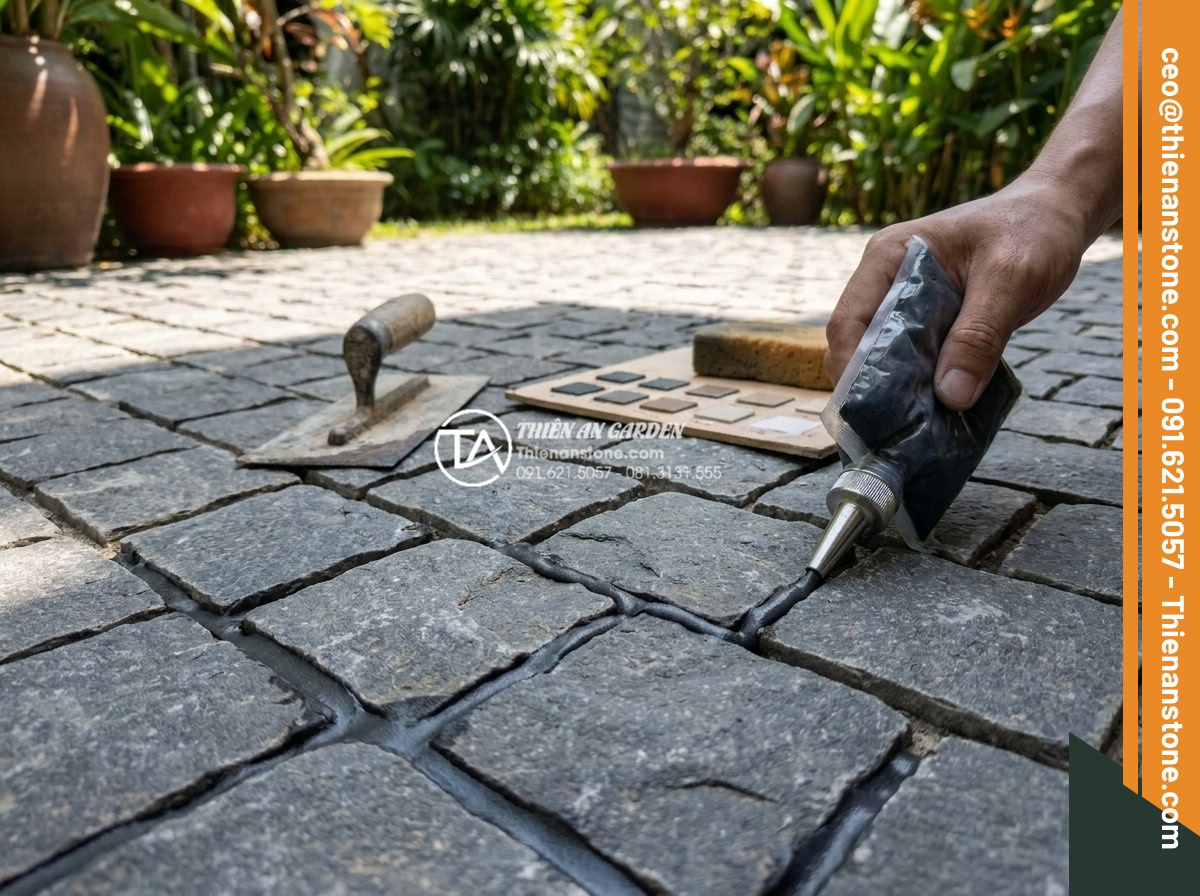 Checklist 7 bước nghiệm thu công trình lát đá cubic lát sân đạt chuẩn - Close-up professional image of expert craftsman applying high-quality epoxy grou