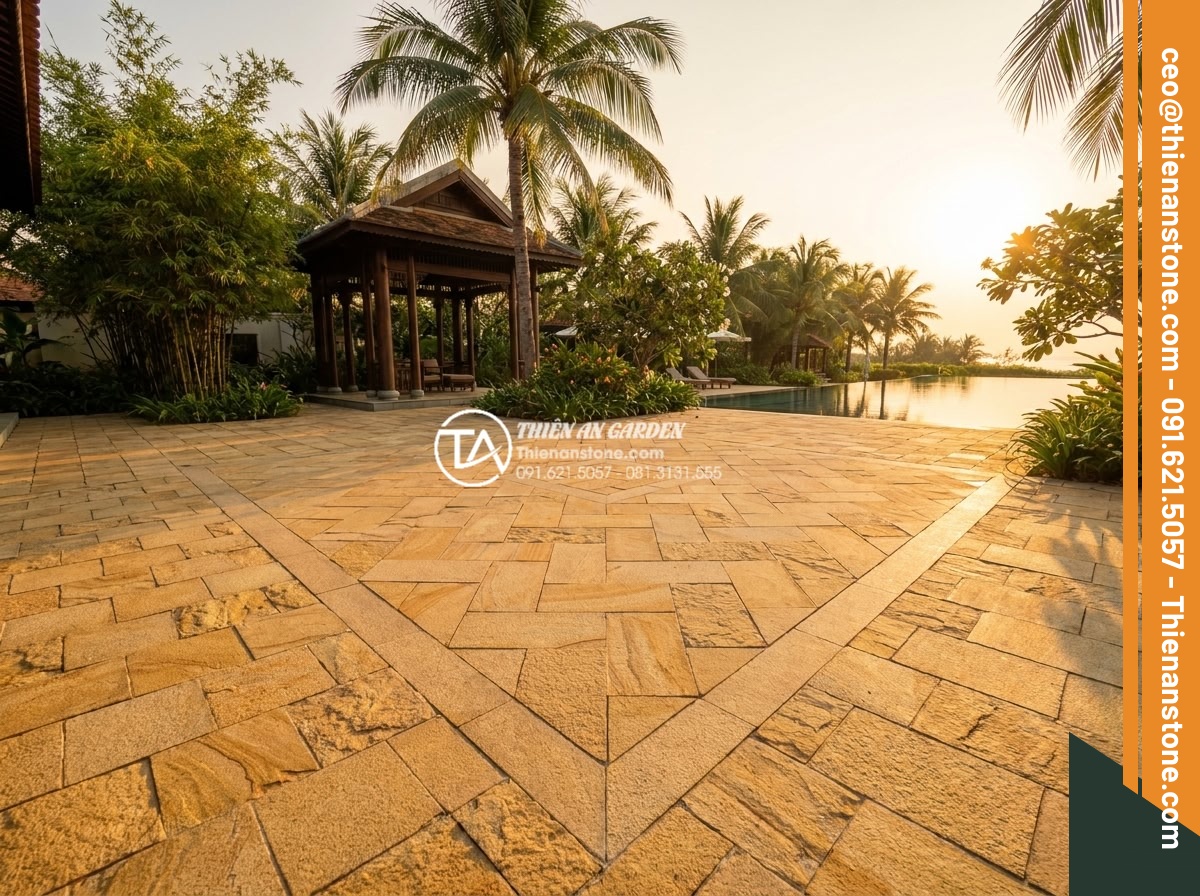Checklist 7 bước nghiệm thu công trình lát đá cubic lát sân đạt chuẩn - Stunning wide shot of a completed luxury resort garden patio featuring perfectly