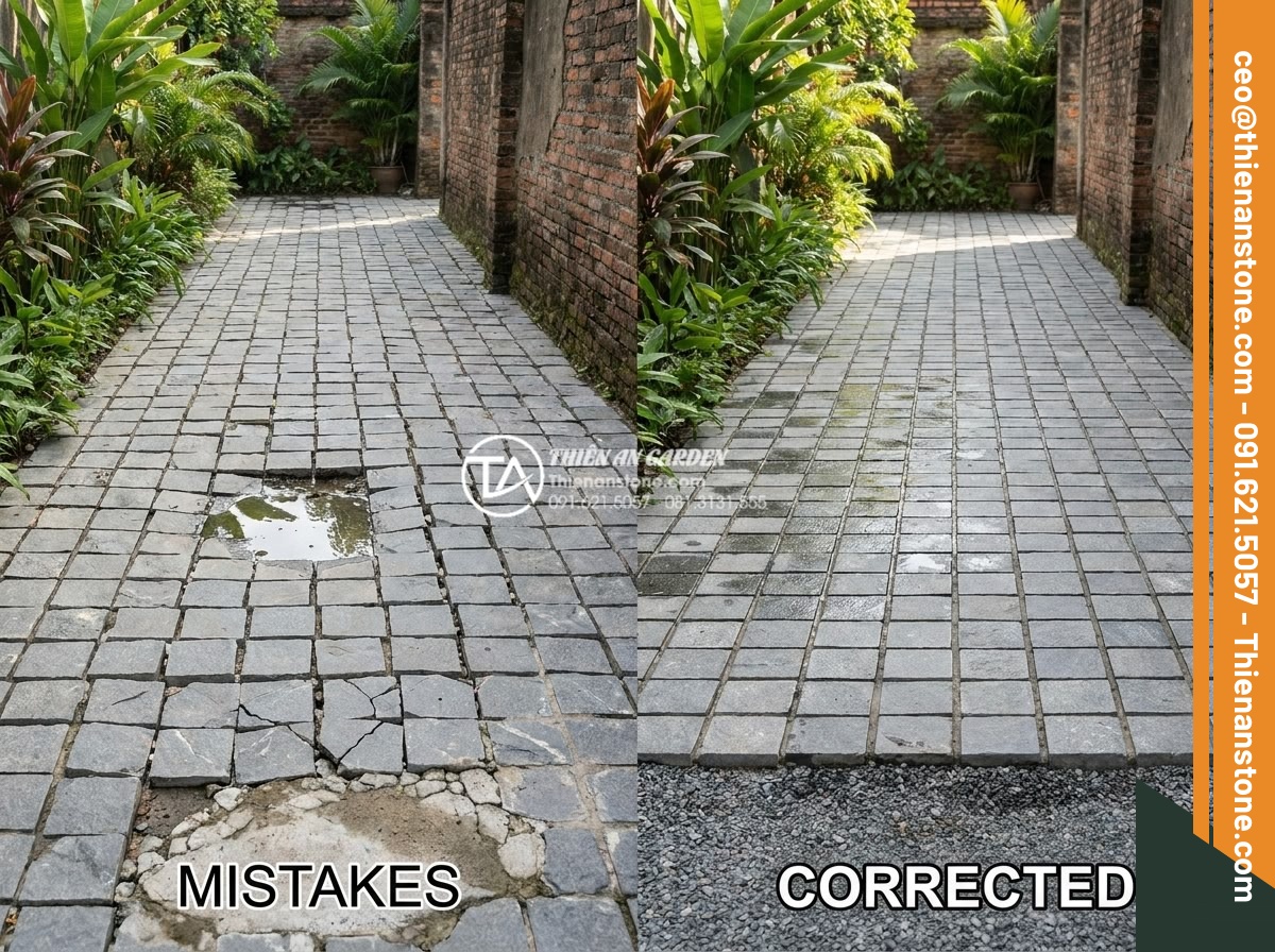 Checklist 7 bước nghiệm thu công trình lát đá cubic lát sân đạt chuẩn - Educational split-screen image illustrating common mistakes in cubic stone pavin
