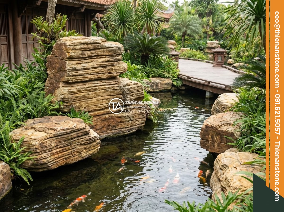 Checklist 7 tiêu chuẩn vàng khi chọn mua đá cổ thạch Nghệ An xịn - Hình 3 Checklist 7 tiêu chuẩn vàng khi chọn mua đá cổ thạch Nghệ An xịn - Beautiful landscape design featuring Nghe An co thach stones integrated with koi