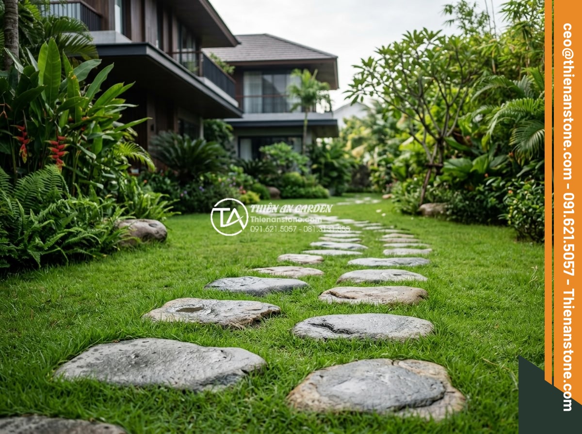 Checklist mua đá bước dạo: 7 tiêu chí không thể bỏ qua - Detailed realistic image of natural irregular shaped stepping stones in various 