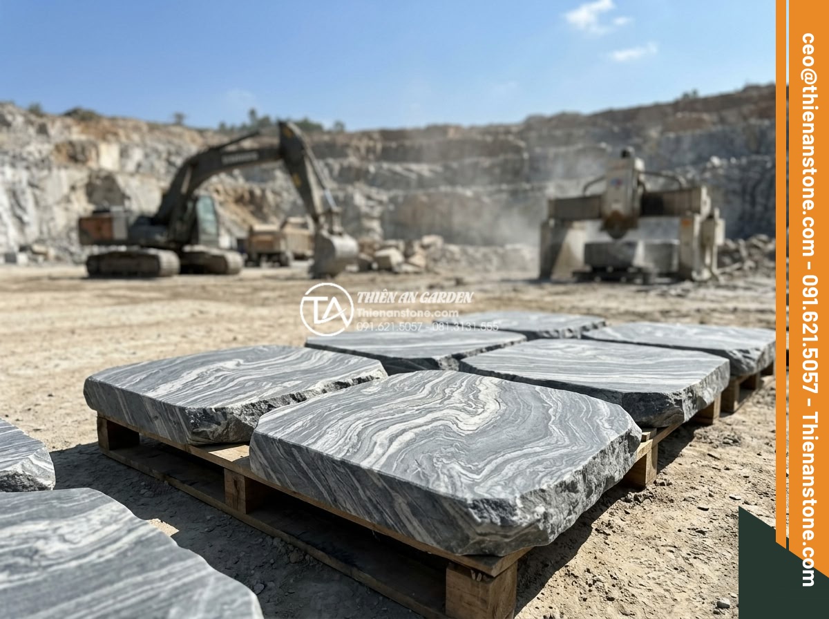 Checklist mua đá bước dạo: 7 tiêu chí không thể bỏ qua - Professional documentary style photo showing inspection of natural stone steppin