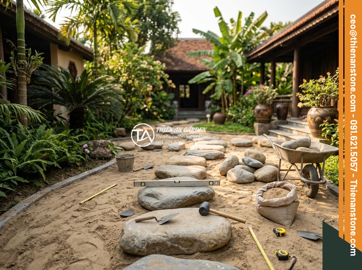 Checklist mua đá bước dạo: 7 tiêu chí không thể bỏ qua - Realistic image of a complete garden pathway installation using premium natural 