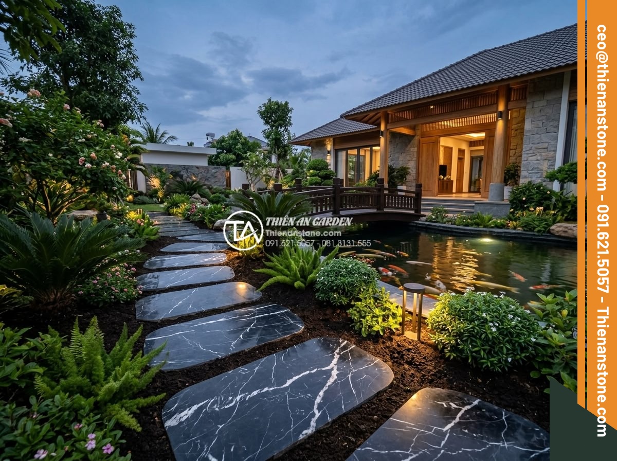 Checklist mua đá bước dạo: 7 tiêu chí không thể bỏ qua - Elegant final result photo of a completed luxury garden pathway with premium nat
