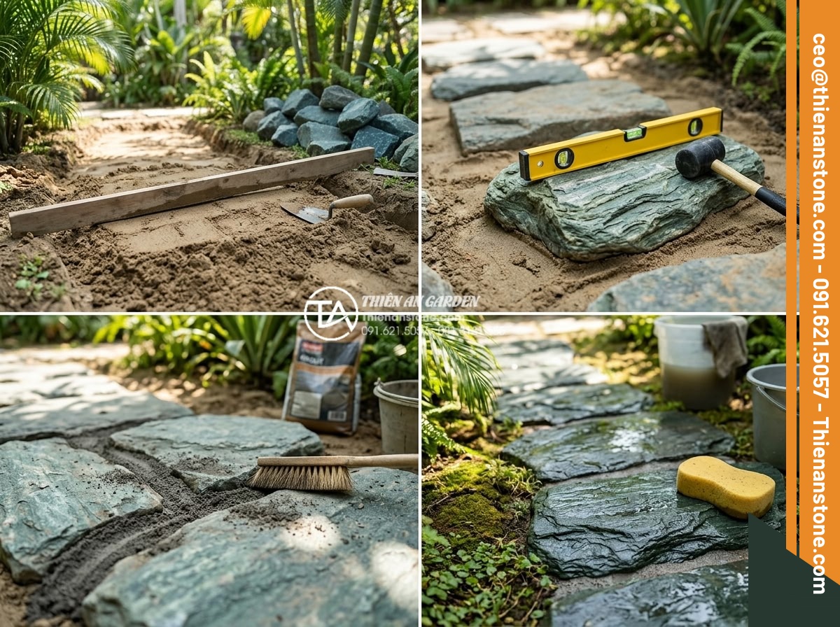 Checklist mua đá bước dạo: 7 tiêu chí không thể bỏ qua - Step-by-step construction photography showing professional installation of natur