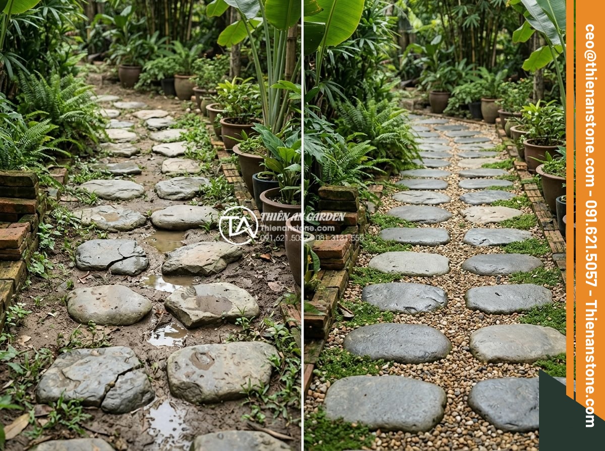 Checklist mua đá bước dạo: 7 tiêu chí không thể bỏ qua - Informative before-and-after comparison image showing common mistakes in steppin