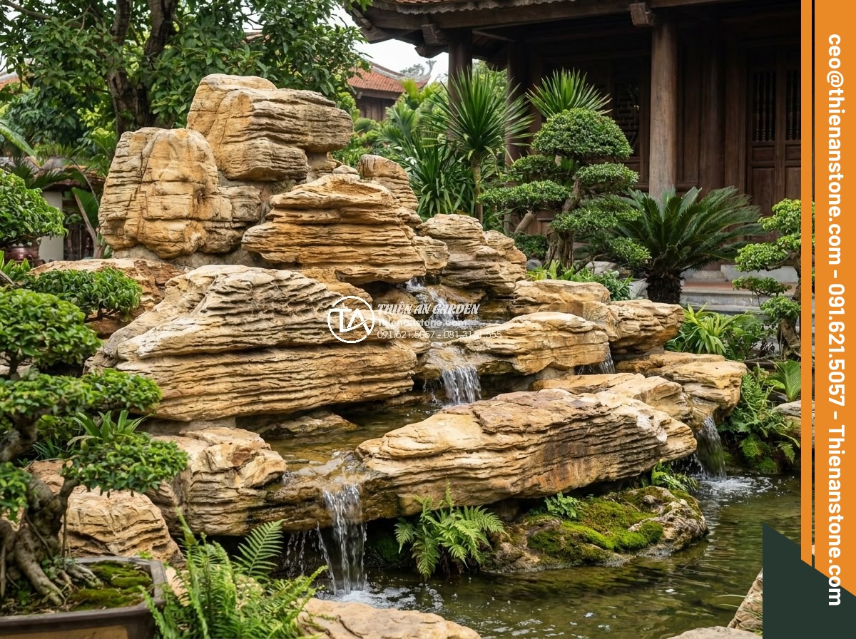 Checklist nghiệm thu công trình hòn non bộ đá cổ thạch dành cho chủ nhà - High-resolution photograph of a completed ancient stone rockery mountain in a lu