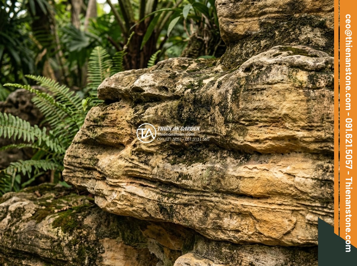 Checklist nghiệm thu công trình hòn non bộ đá cổ thạch dành cho chủ nhà - Close-up view of ancient volcanic stone textures and natural patina on a rockery
