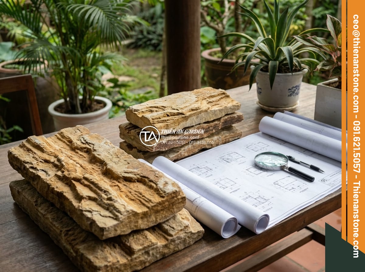 Checklist nghiệm thu công trình hòn non bộ đá cổ thạch dành cho chủ nhà - Homeowner reviewing blueprints and stone samples during pre-acceptance preparati