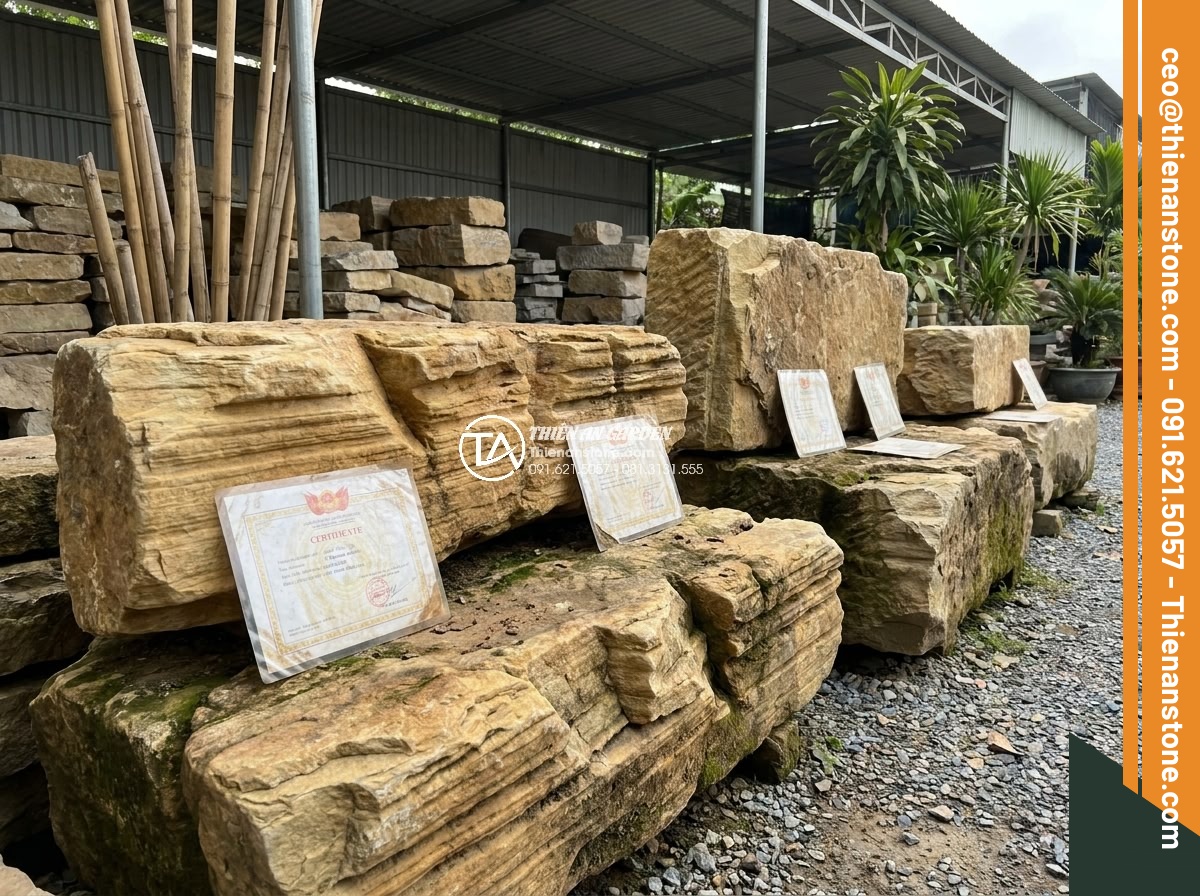 Checklist nghiệm thu công trình hòn non bộ đá cổ thạch dành cho chủ nhà - Collection of certified ancient stone blocks with origin certificates displayed 