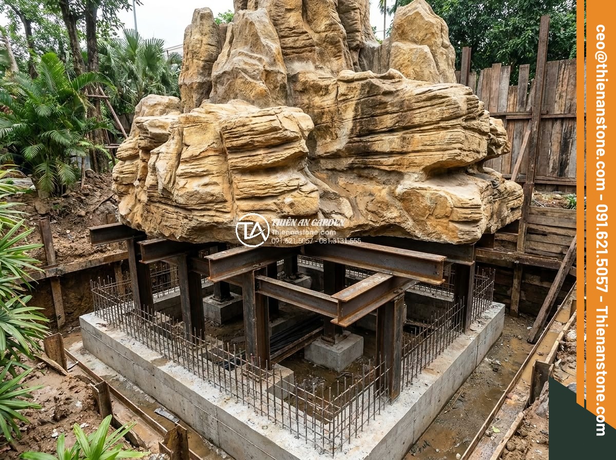 Checklist nghiệm thu công trình hòn non bộ đá cổ thạch dành cho chủ nhà - Cross-section view of reinforced concrete foundation and steel support structure
