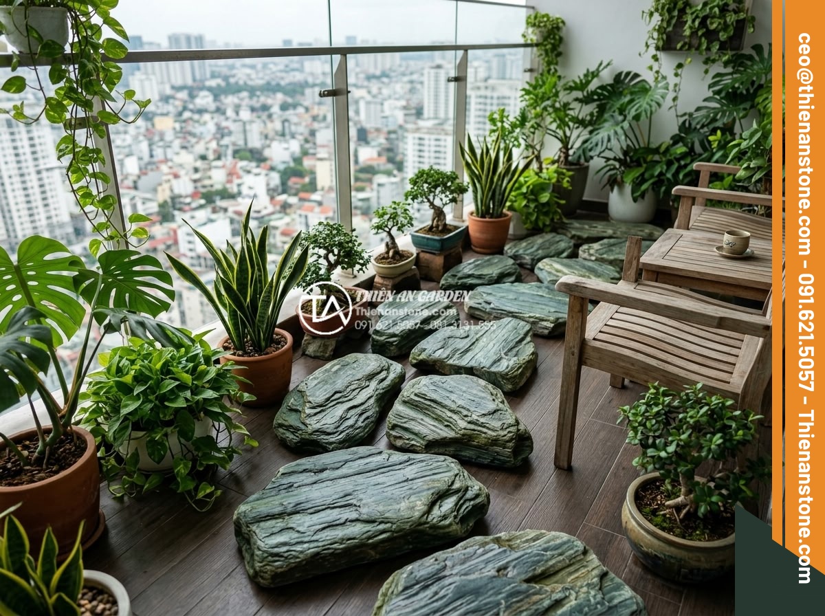 Có nên dùng đá dặm bước cho lối đi ban công chung cư? - Realistic high-resolution photo of natural granite stepping stones arranged arti