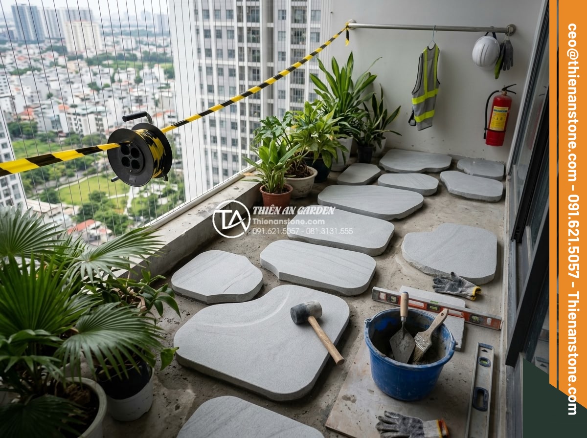 Có nên dùng đá dặm bước cho lối đi ban công chung cư? - Professional team installing carved stone stepping path on high-rise balcony wit