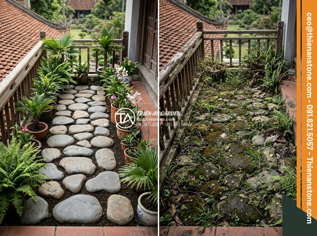 Có nên dùng đá dặm bước cho lối đi ban công chung cư? - Long-term before and after images of well-maintained vs neglected natural stone 