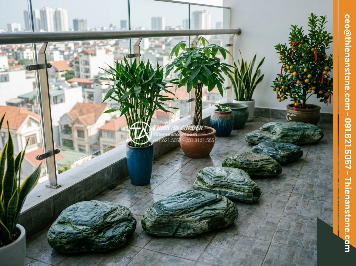 Có nên dùng đá dặm bước cho lối đi ban công chung cư? - Feng shui inspired apartment balcony design with strategically placed natural st