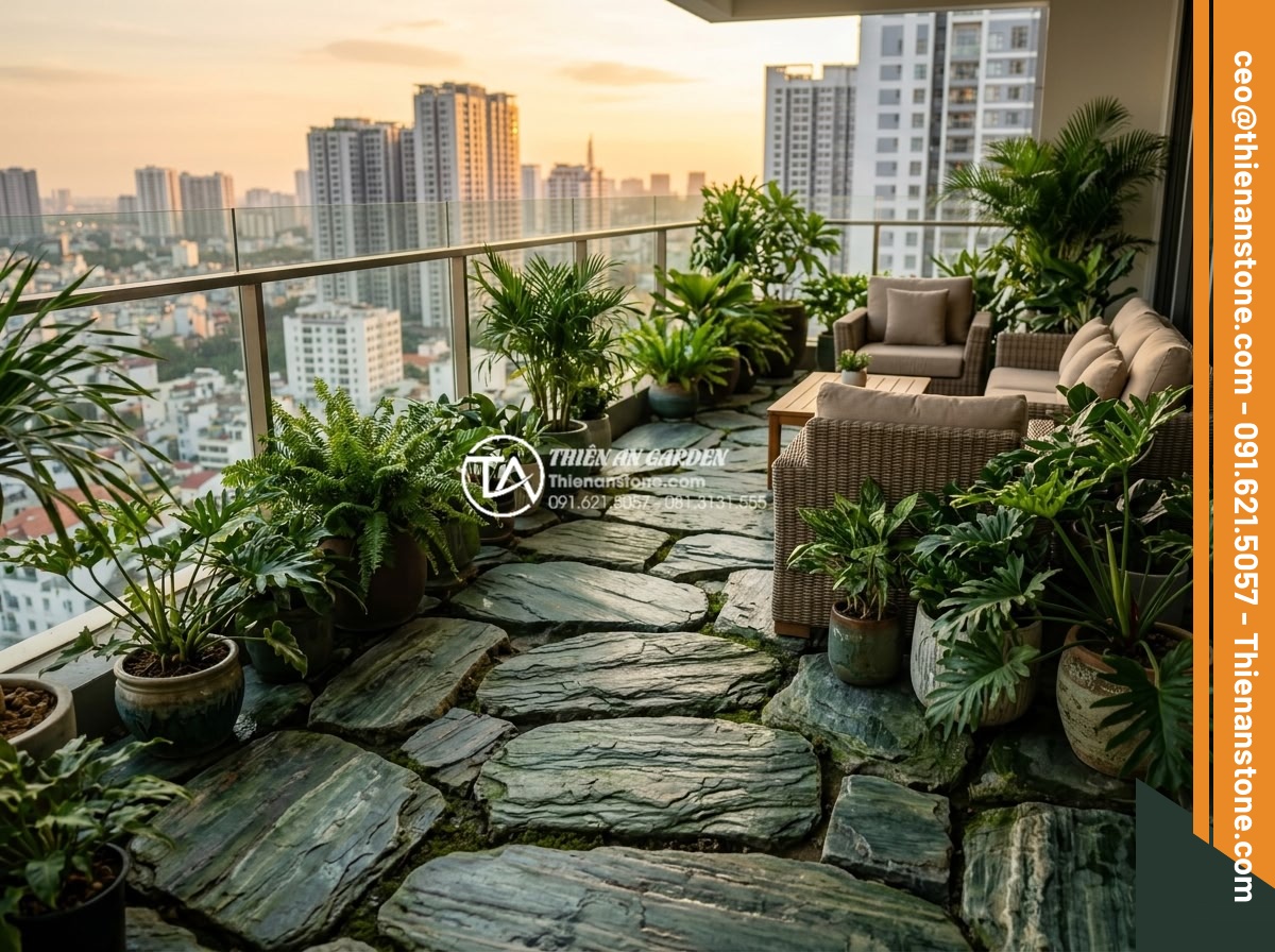 Có nên dùng đá dặm bước cho lối đi ban công chung cư? - Wide angle view of luxurious apartment balcony with natural stone stepping stone