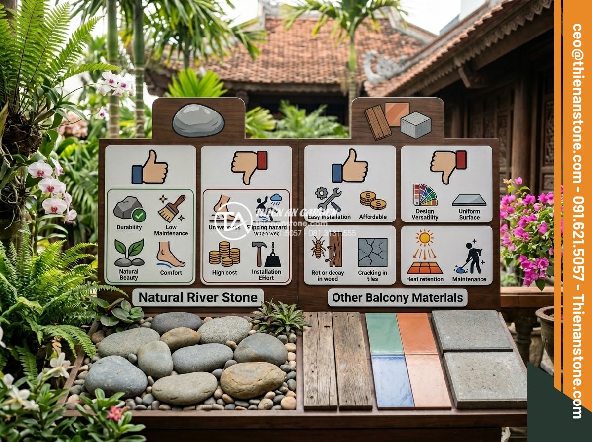 Có nên dùng đá dặm bước cho lối đi ban công chung cư? - Infographic style image illustrating pros and cons comparison chart between step