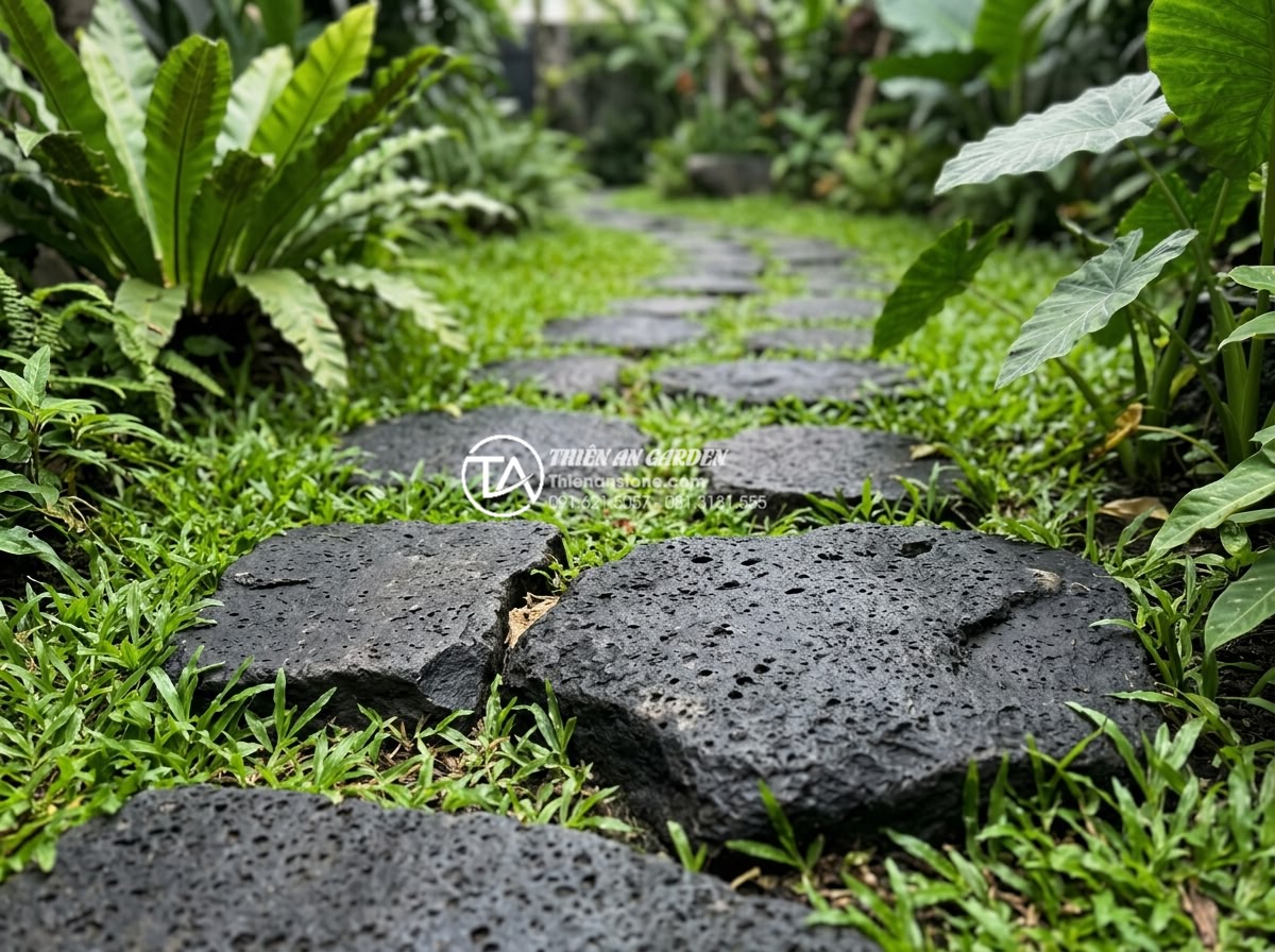 Đá bước dạo bazan: Đặc điểm, ưu điểm và các mẫu đẹp nhất hiện nay - High-resolution close-up photograph of natural basalt stepping stones arranged i