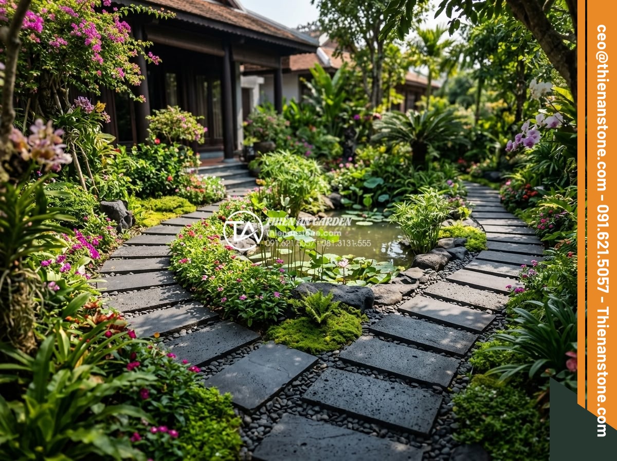 Đá bước dạo bazan: Đặc điểm, ưu điểm và các mẫu đẹp nhất hiện nay - Wide-angle view of a luxurious villa garden featuring multiple basalt stepping s