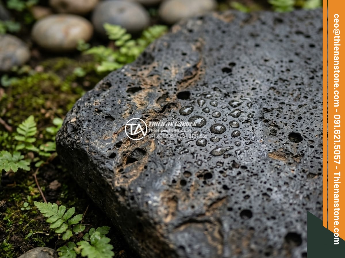Đá bước dạo bazan: Đặc điểm, ưu điểm và các mẫu đẹp nhất hiện nay - Detailed macro shot of basalt stepping stone surface texture showing natural vol
