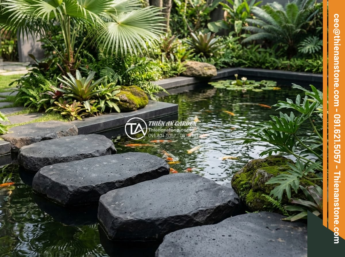 Đá bước dạo bazan: Đặc điểm, ưu điểm và các mẫu đẹp nhất hiện nay - Professional landscape photo of basalt dặm bước stones placed strategically arou