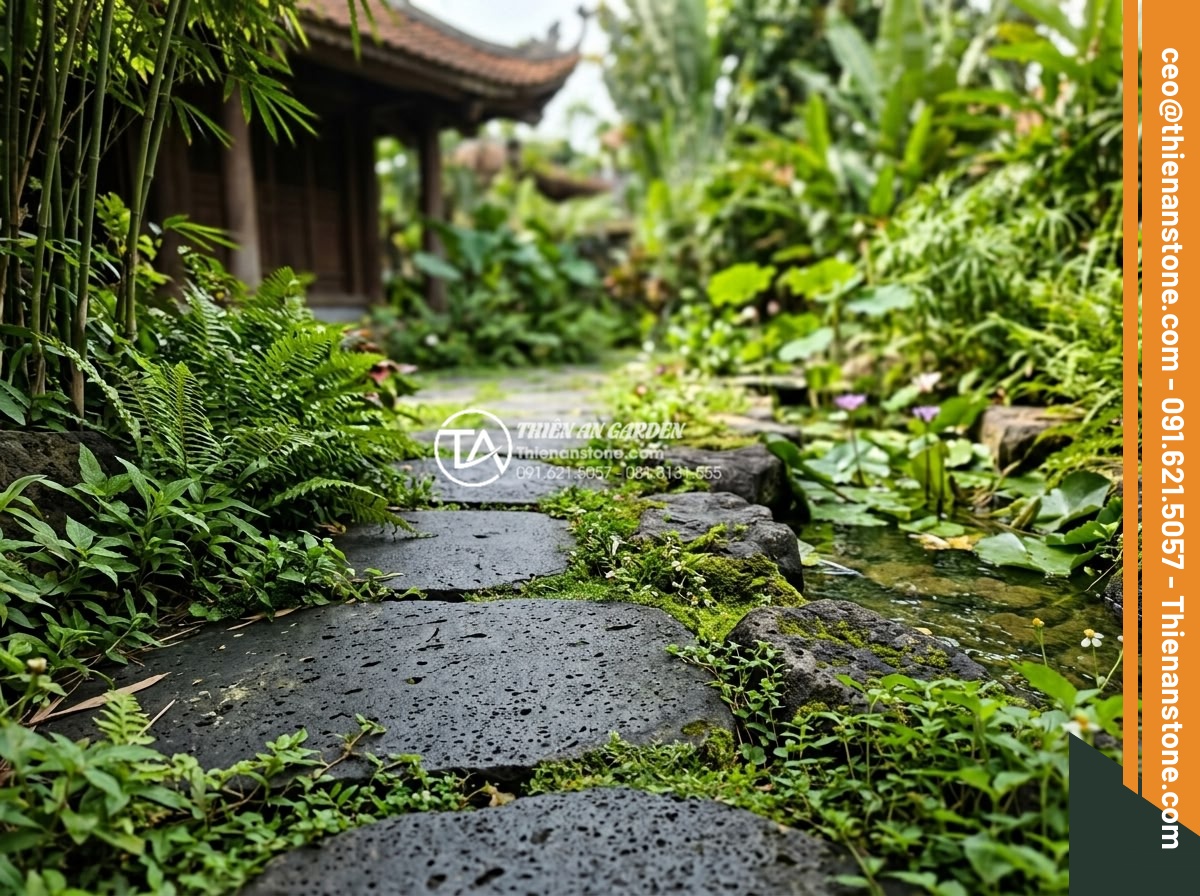 Đá bước dạo bazan khò lửa: Ưu điểm vượt trội về độ nhám và màu sắc - Environmental benefits visualization of natural basalt stones in eco-garden desi