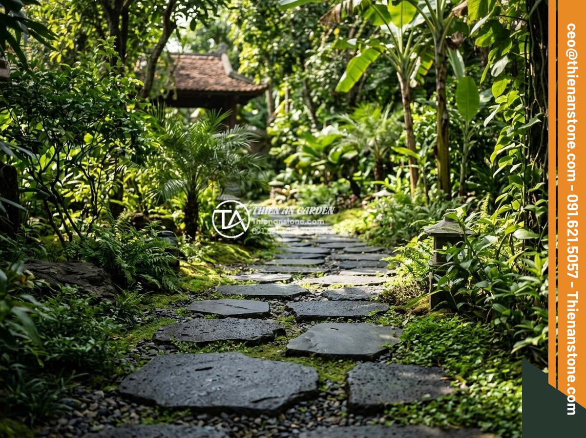 Đá bước dạo bazan khò lửa: Ưu điểm vượt trội về độ nhám và màu sắc - Aesthetic view of various shades of flamed basalt stepping stones in different n
