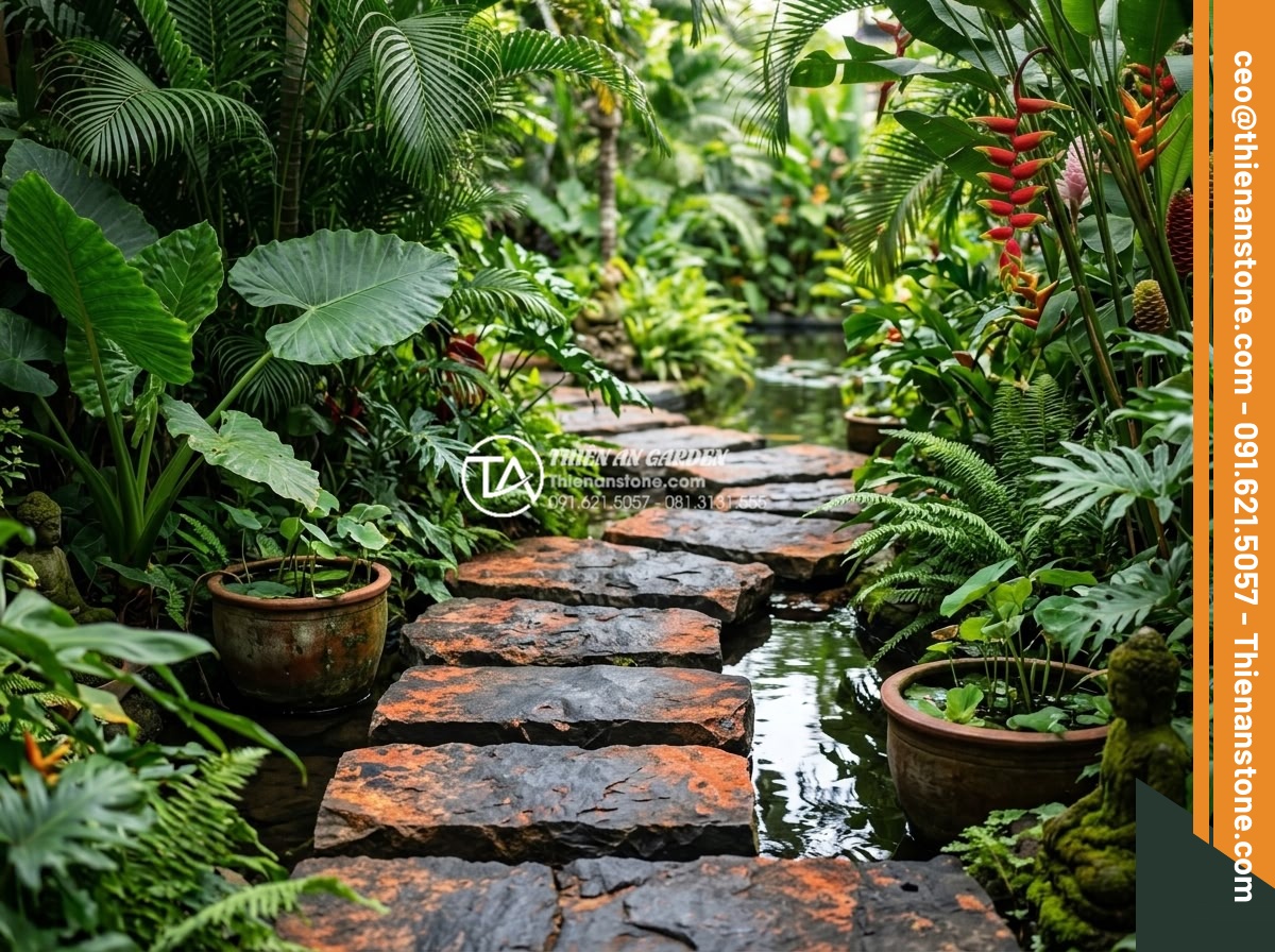 Đá bước dạo bazan khò lửa: Ưu điểm vượt trội về độ nhám và màu sắc - Artistic garden scene featuring color-rich flamed basalt path stones integrated 