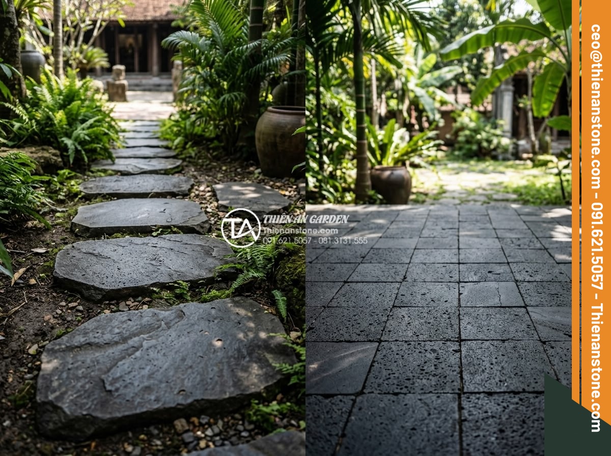 Đá bước dạo bazan khò lửa: Ưu điểm vượt trội về độ nhám và màu sắc - Side-by-side comparison image of flamed basalt stepping stones versus polished g