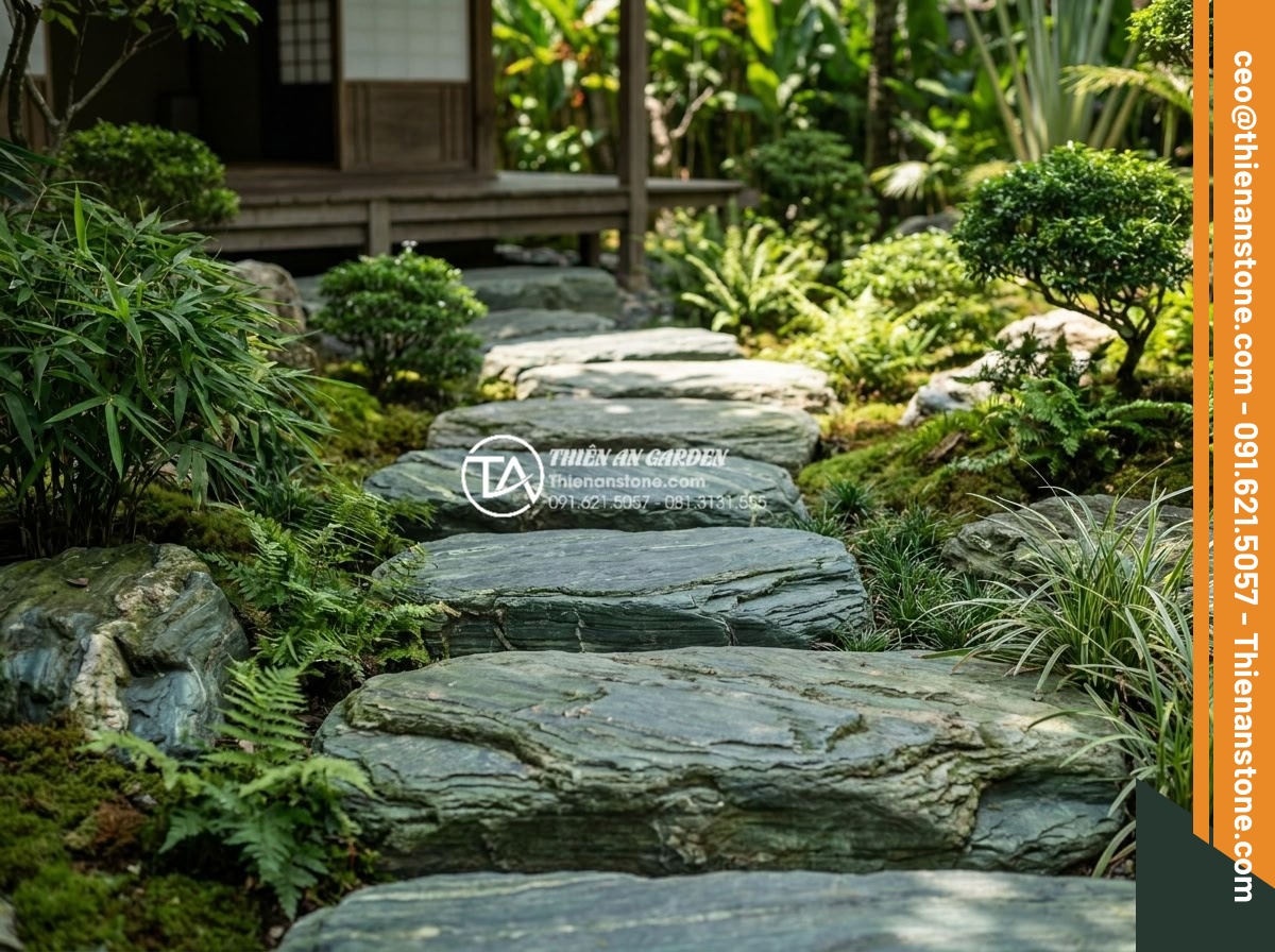 Đá bước dạo đen láng: Sự sang trọng tối thượng cho kiến trúc hiện đại - Completed modern garden path with perfectly aligned black basalt stepping stones