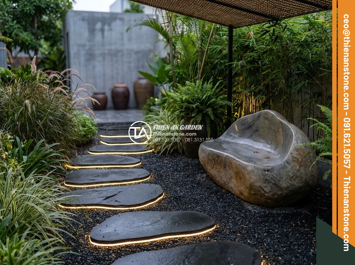 Đá bước dạo đen láng: Sự sang trọng tối thượng cho kiến trúc hiện đại - Trendy modern garden design 2026 featuring black basalt stepping stones with int