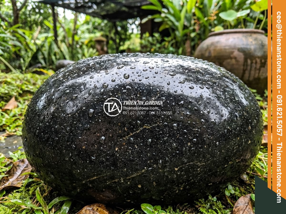 Đá bước dạo đen láng: Sự sang trọng tối thượng cho kiến trúc hiện đại - Detailed macro shot of black basalt stone surface showing natural mineral patter